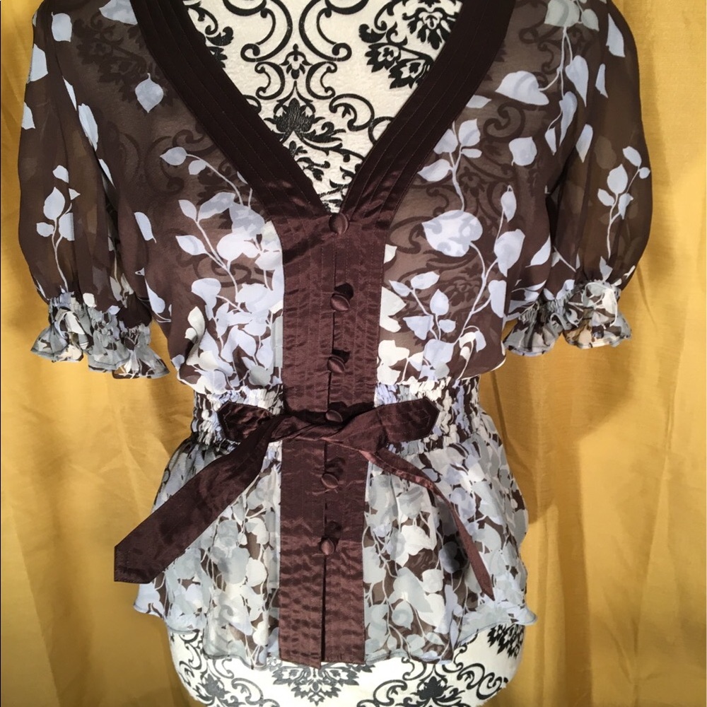 Brown and blue coral sheer blouse